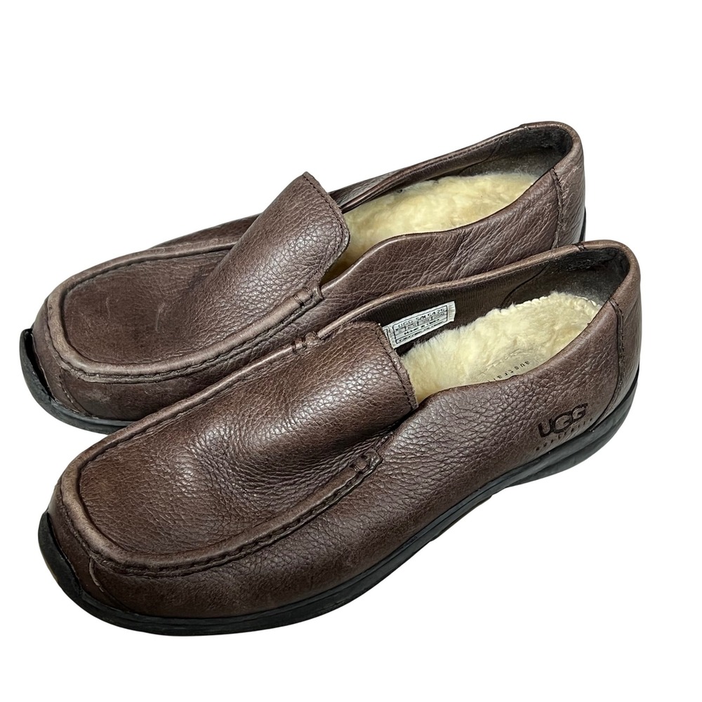 UGG Australia Men's‎ Brown Leather Sheepskin Lined Loafer Slippers Shoes Size 8